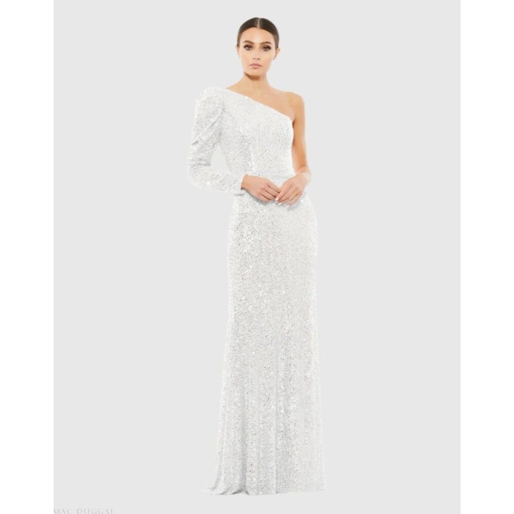 Mac Duggal Ienna one sleeve sequined white dress size 4 $398 retail